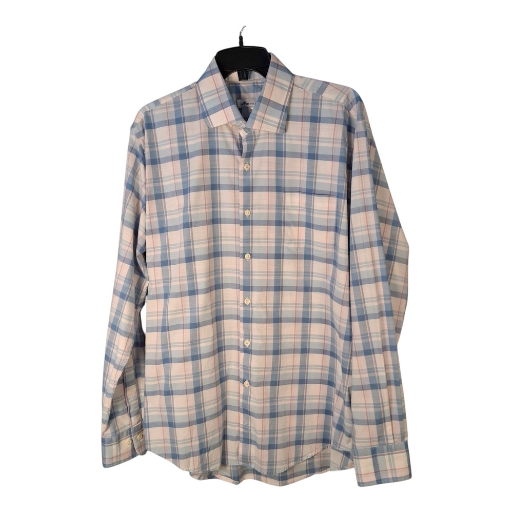 Peter Millar Men's Large Long Sleeve Plaid Stretch Shirt Blue‎ White